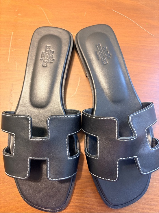 Hermes Shoes - Oran Hermes Black Slide Sandals with White Contrast Stitching
